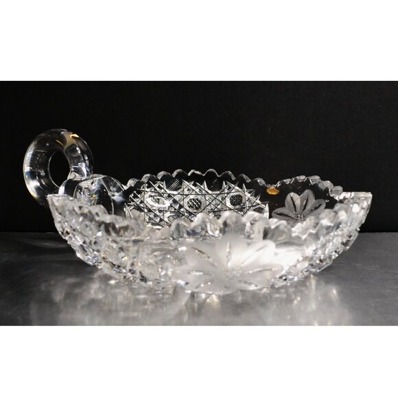 Vintage ABP Cut Glass Finger Nappy Hobstar Pattern Floral Motif Elegant Handle - Picture 2 of 4